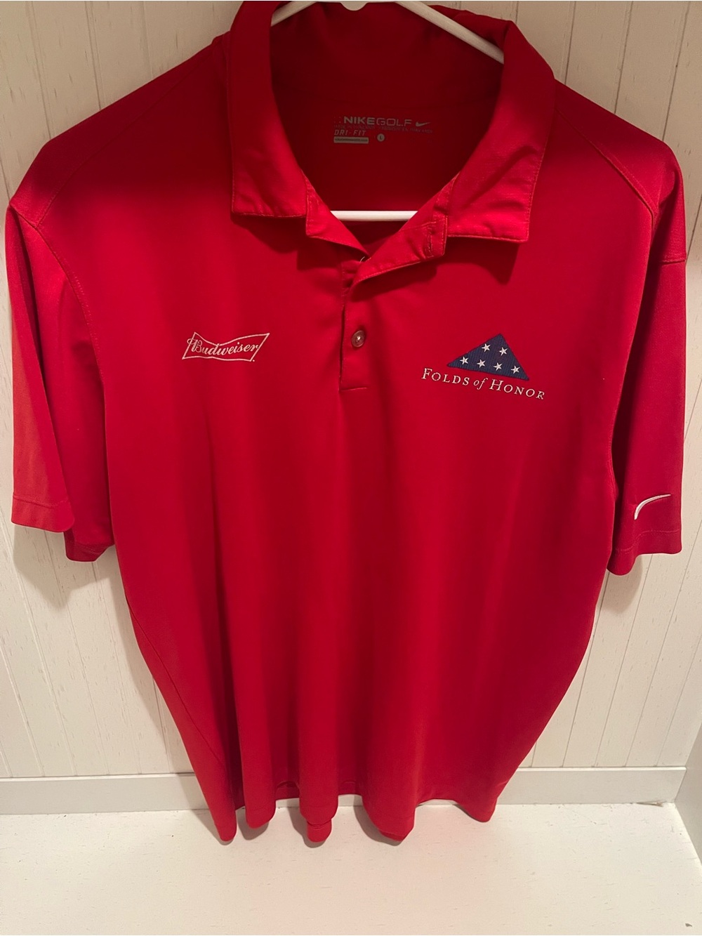 Nike Golf Budweiser Folds of Honor Polo Men’s Large Red Dri-FIT Embroidered